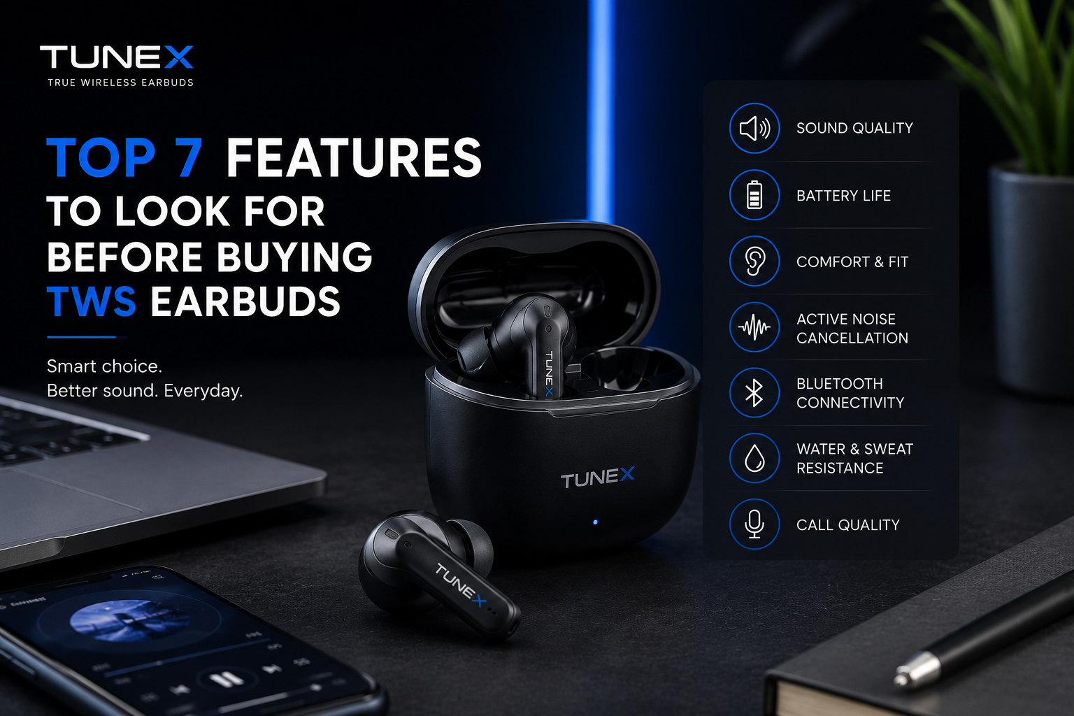 Premium Tunex TWS earbuds showcasing the top features to consider before buying wireless earbuds.